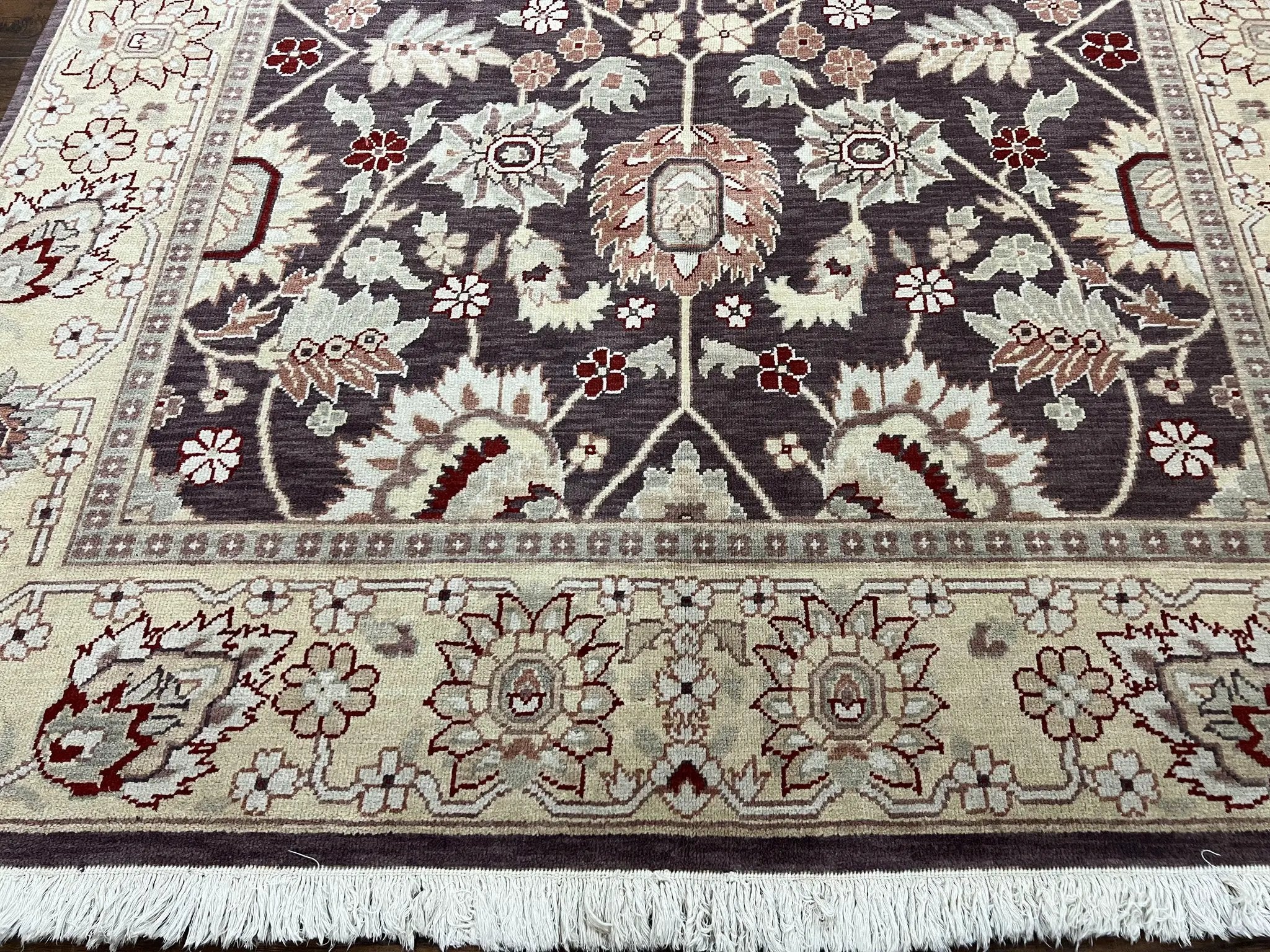 Vintage Indo Mahal Area Rug 6x9, Indian Persian Oriental Carpet 6 x 9, Puce Eggplant Tan Beige Rug, Hand-Knotted, Large Floral Design Wool by Jewel Rugs