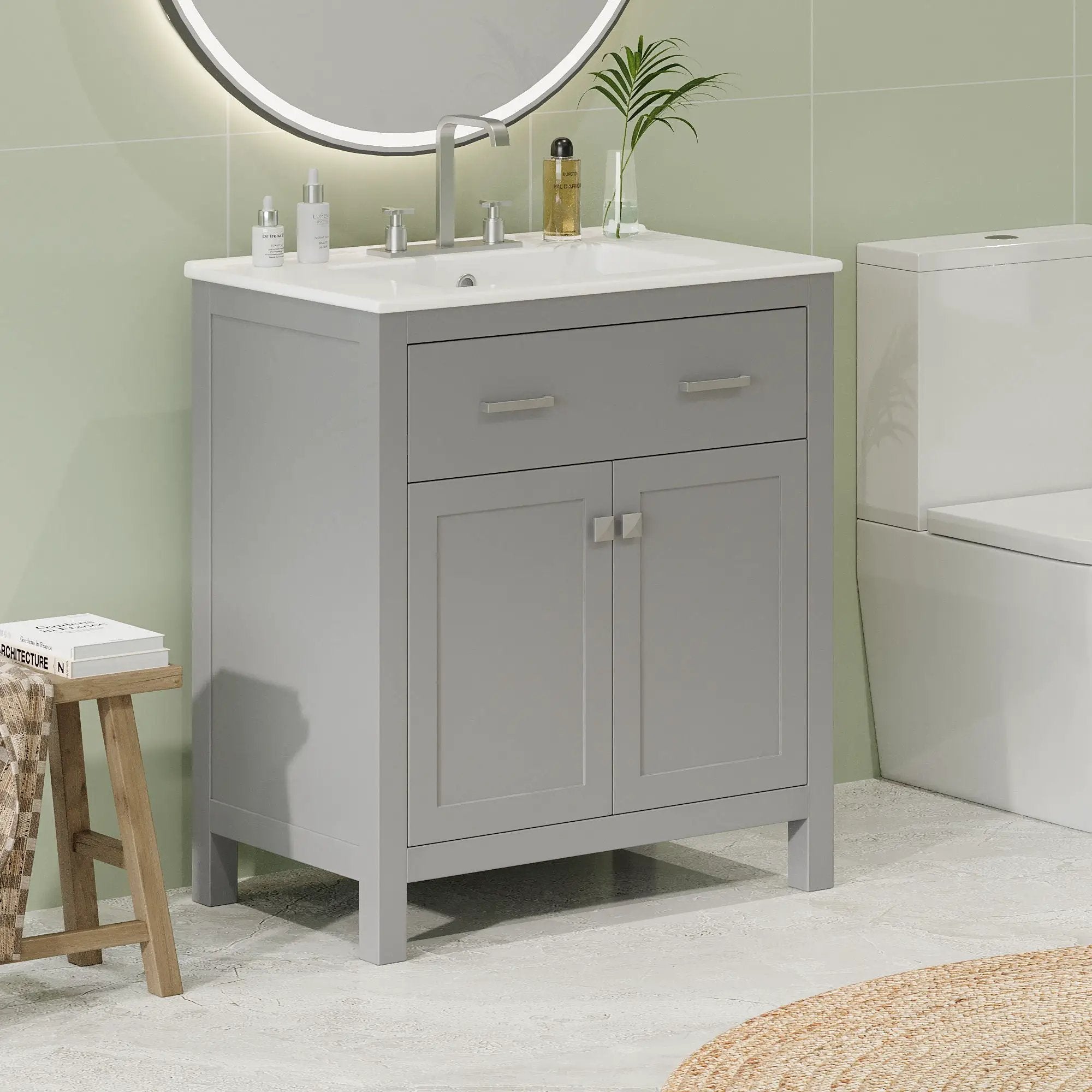 Bathroom Vanity With Ceramic Sink, Modern Single Bathroom Cabinet With 2 Doors And A Shelf, Soft Close Doors by Unique Piece Furniture