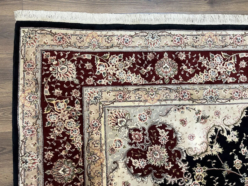 Pak Persian Rug 8.8 x 10.6, Floral Medallion, Wool and Silk Hand Knotted Fine Oriental Carpet, Elegant Rug, Black Gray Burgundy, Room Sized by Jewel Rugs