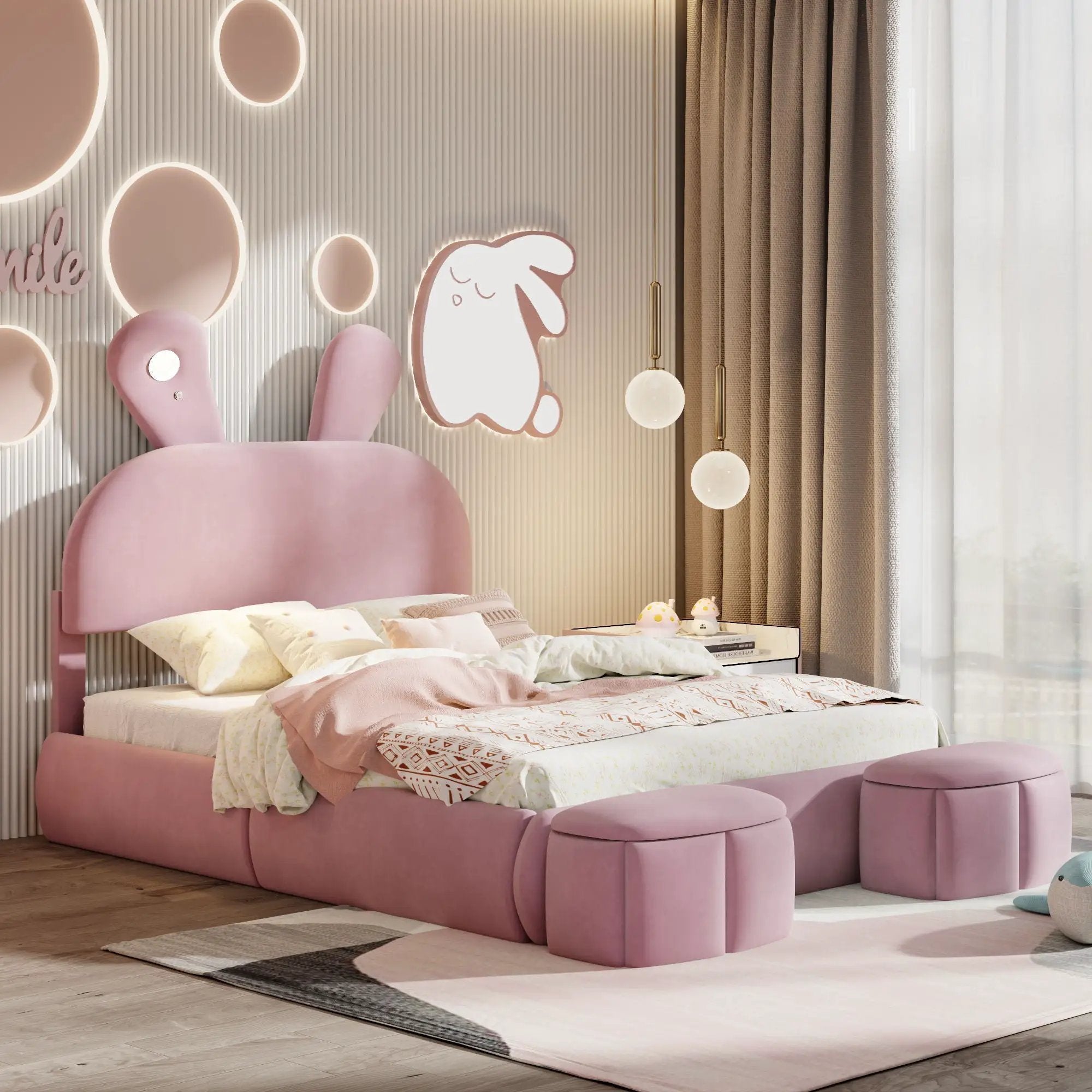 Full Upholstered Platform Bed With Cartoon Ears Headboard And LED Light - Pink by HouseOfZazla