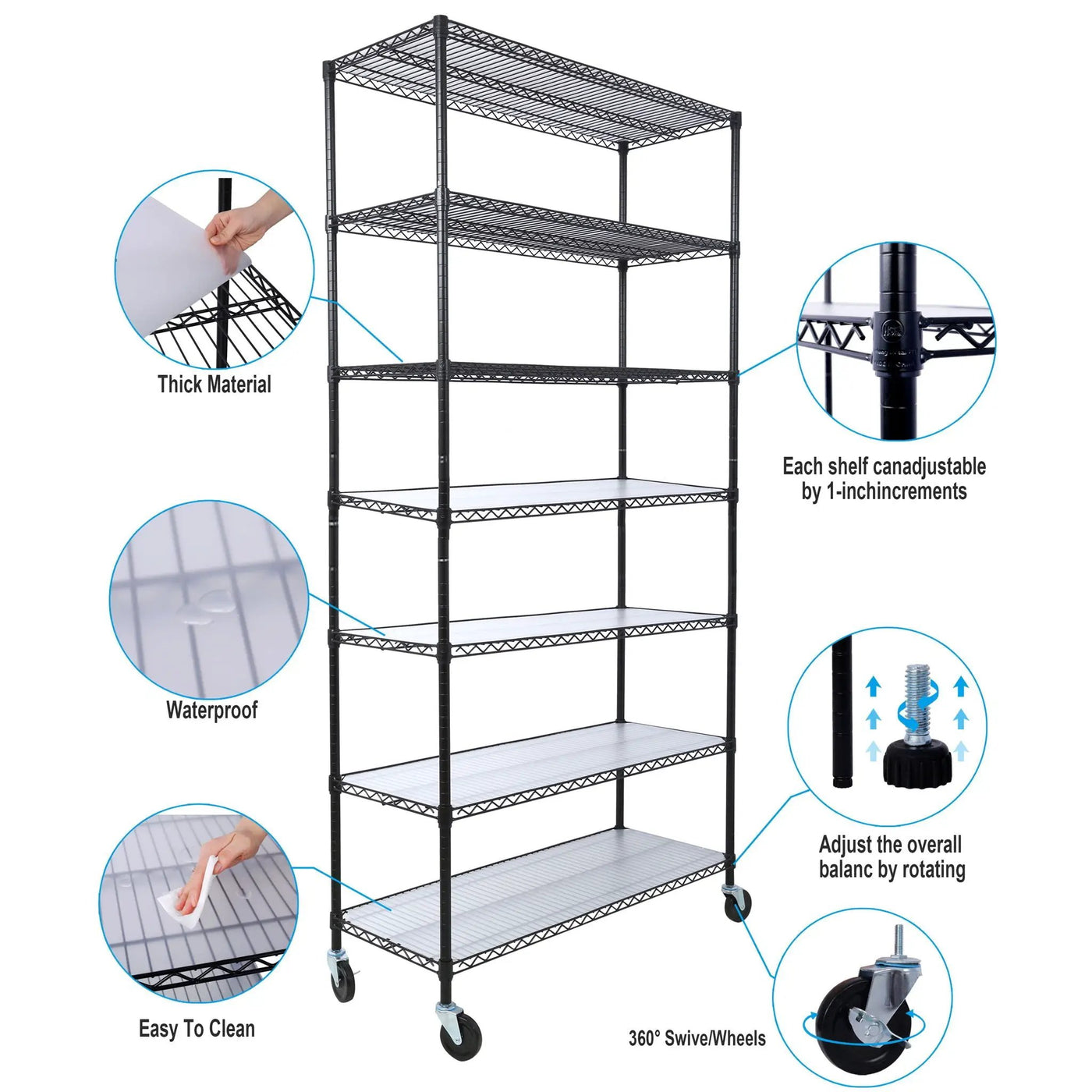 7 Tier Metal Shelf Wire Shelving Unit, 2450Lbs Heavy Duty Adjustable Storage Rack With Wheels & Shelf Liners For Closet Kitchen Garage Basement Commercial Shelving by HouseOfZazla