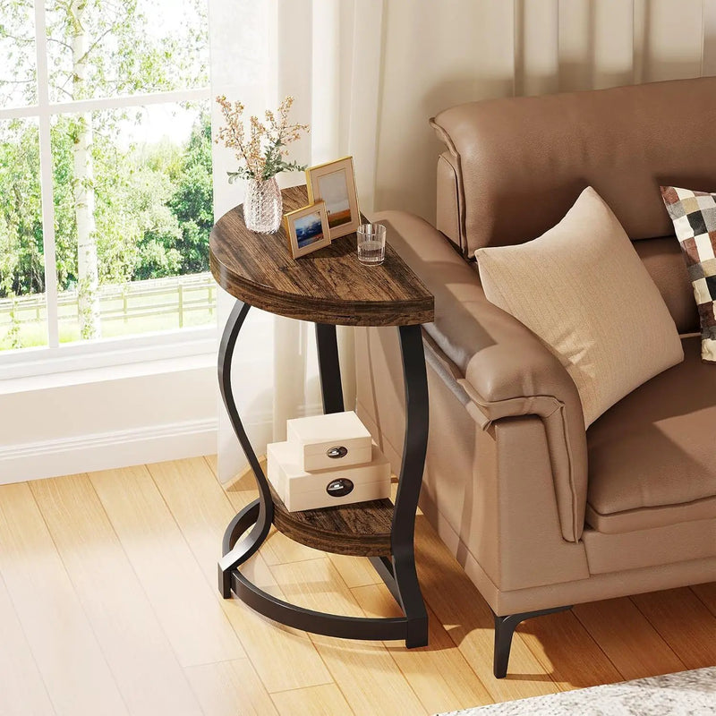 Half Round End Table With Frame, 2 Tier Semi Circle For Entryway - Brown / Black by HouseOfZazla
