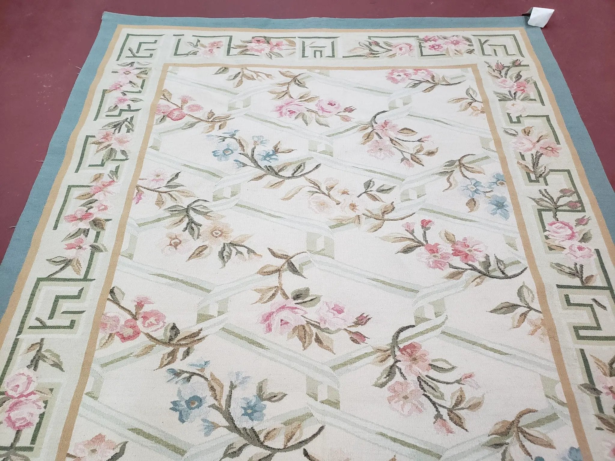 Vintage Aubusson Area Rug, Aubusson Flat weave Carpet, Floral Geometric Pattern, Beige Teal Green, 4x6 Rug, European Design by Jewel Rugs