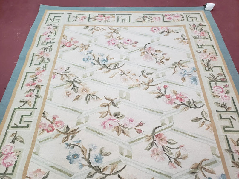 Vintage Aubusson Area Rug, Aubusson Flat weave Carpet, Floral Geometric Pattern, Beige Teal Green, 4x6 Rug, European Design by Jewel Rugs