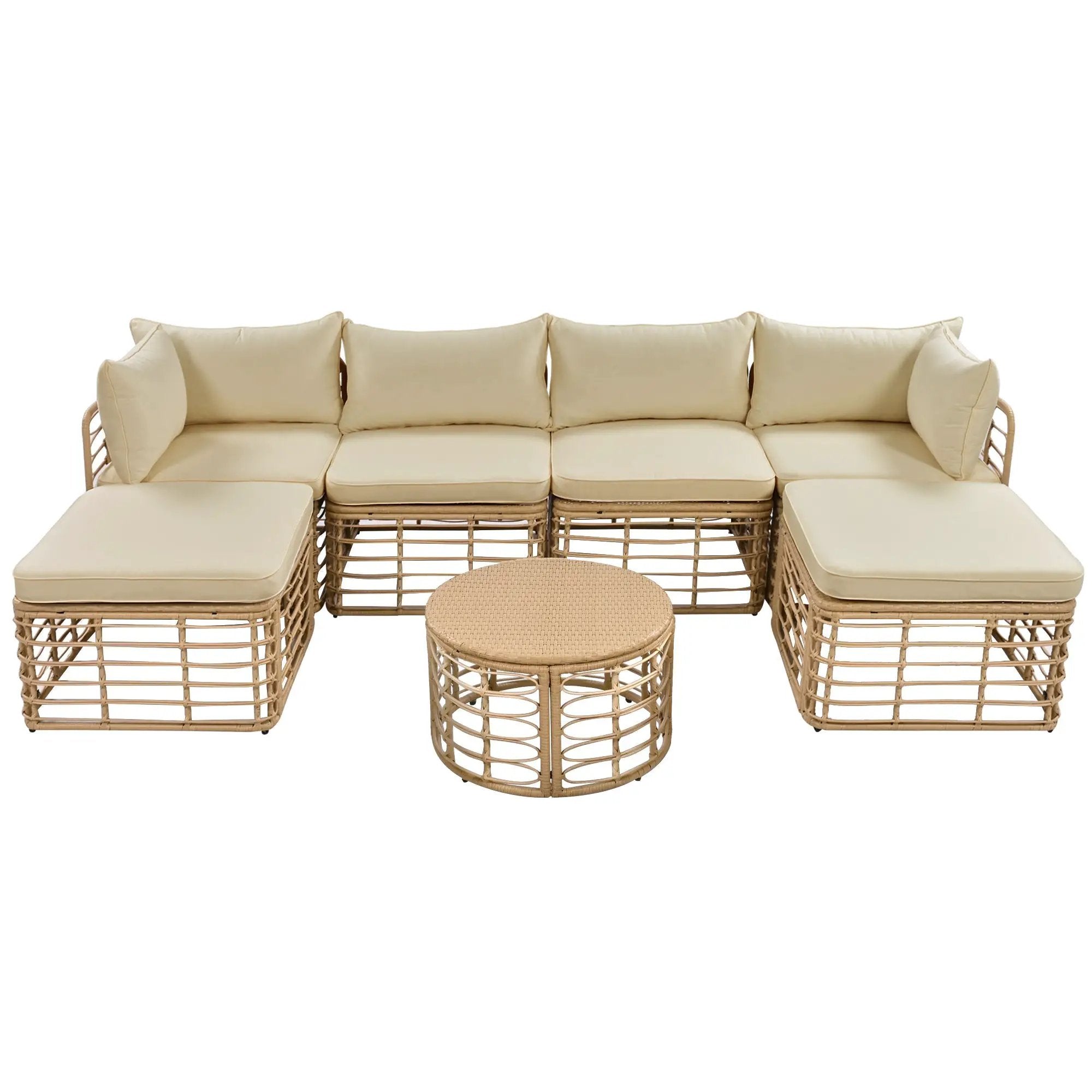 7 Pieces Outdoor Patio Furniture, All-Weather Rattan Sectional Sofa Set with Thick Cushions and Pillows, Freely Combined Conversation Sets for Garden, Backyard, Balcony, Brown by HouseOfZazla
