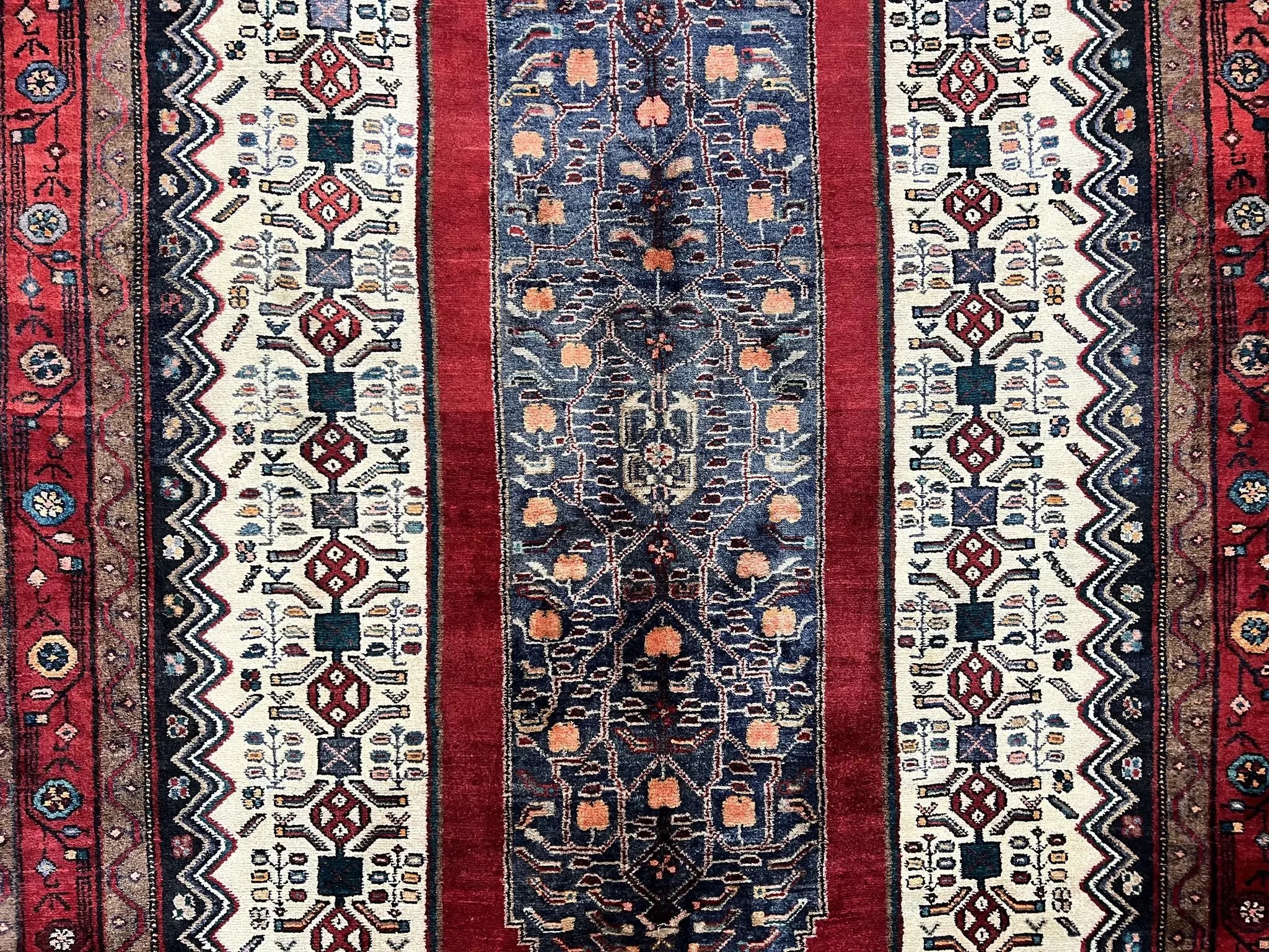 Persian Rug 5x12 ft, Red Cream Navy Blue, Pictorials, Hand Knotted Handmade Wide Runner Tribal Bidjar Semi Antique Wool Geometric Oriental Rug by Jewel Rugs