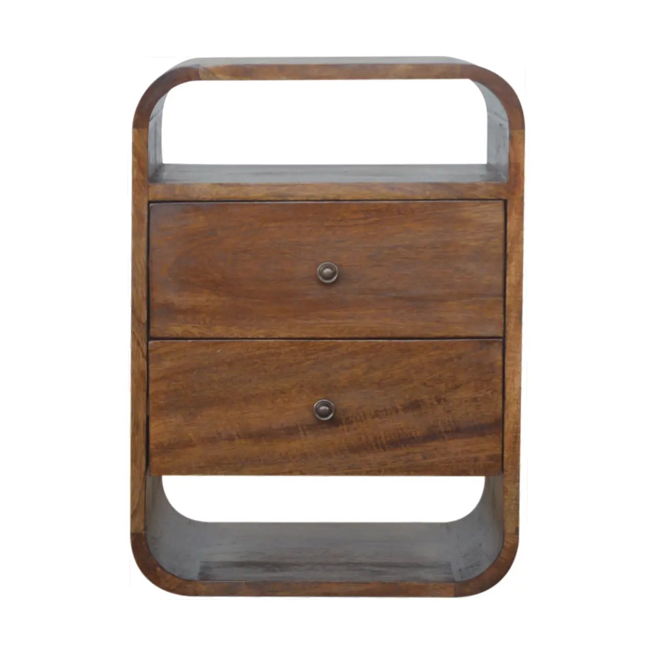 Solid Wood Chestnut Curve 2-Drawer Nightstand, 2 Open Slots by HouseOfZazla