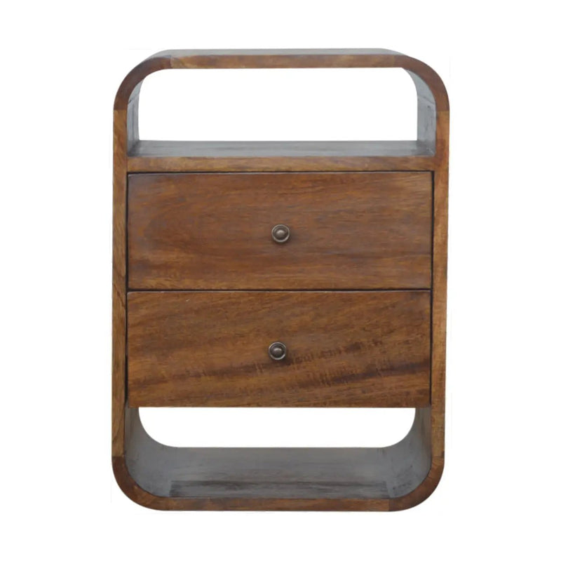 Solid Wood Chestnut Curve 2-Drawer Nightstand, 2 Open Slots by HouseOfZazla