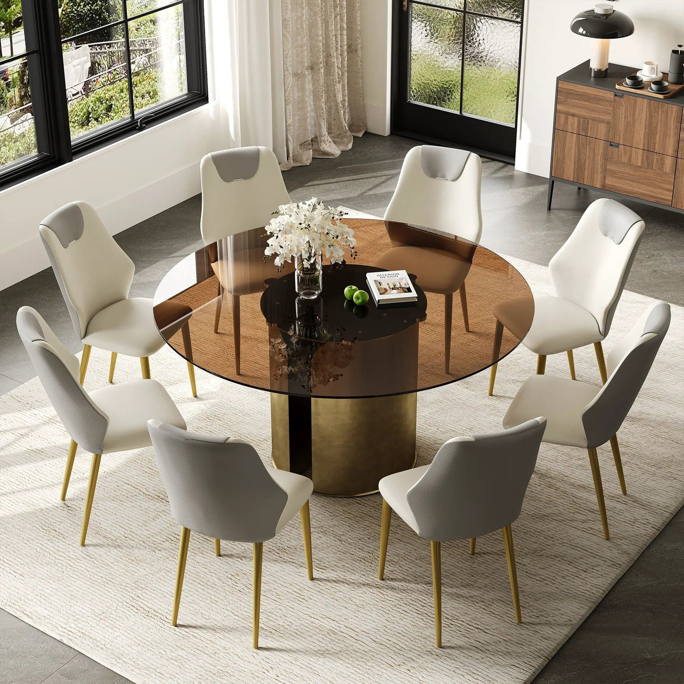 Modern Round Dining Table Set With Glass Top And Steel Legs by HouseOfZazla