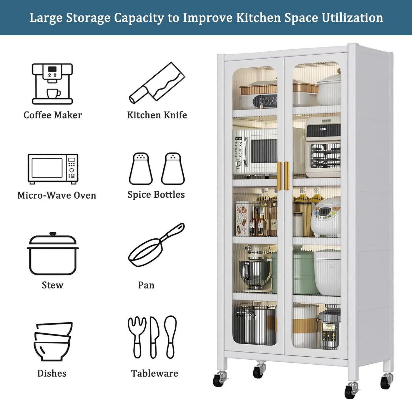 6 Tier Storage Cabinet With Transparent Door, Adjustable Shelves & Wheels by Unique Piece Furniture