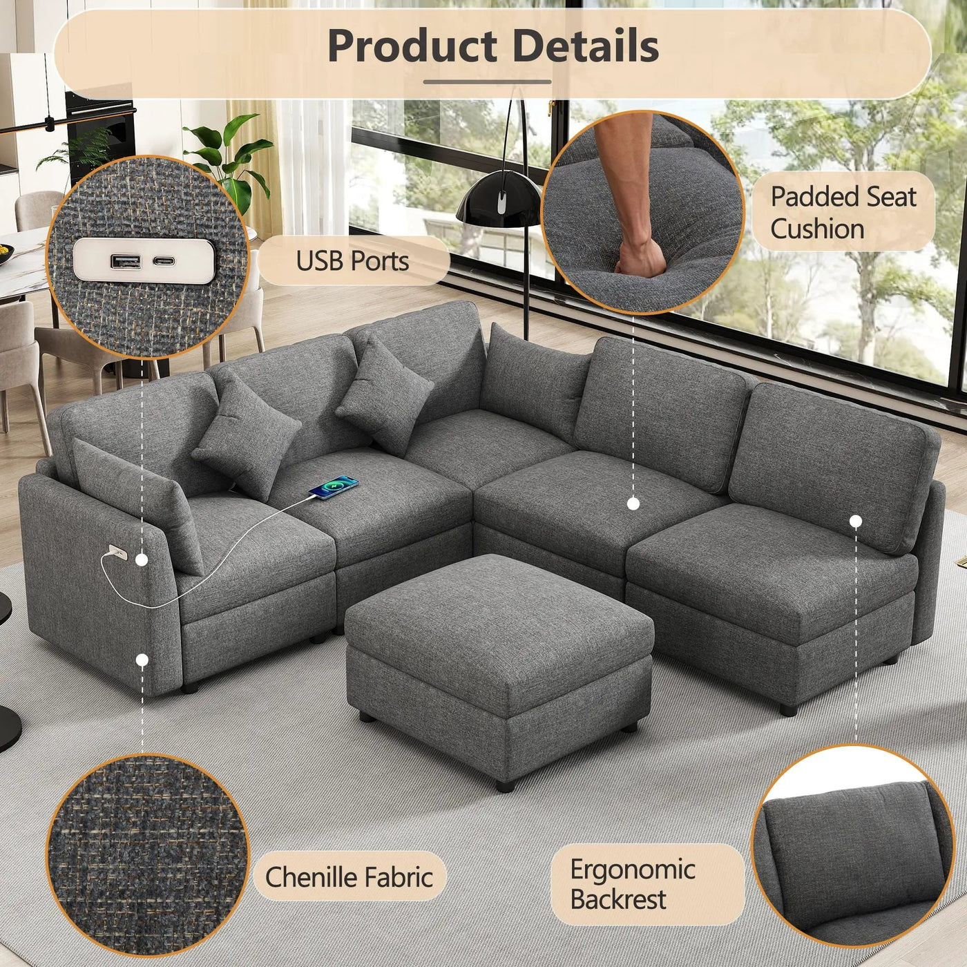 Sectional Sofa Modular U-Shaped With Ottoman & USB Ports by Unique Piece Furniture