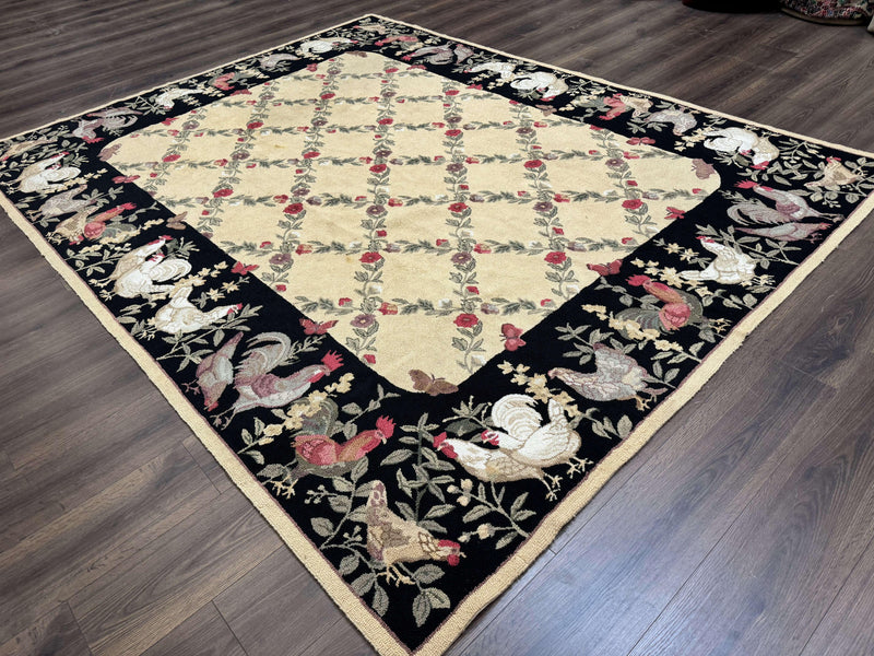Vintage Hooked Rug 7x9, Rosters in Border, Roses and Butterflies by Jewel Rugs