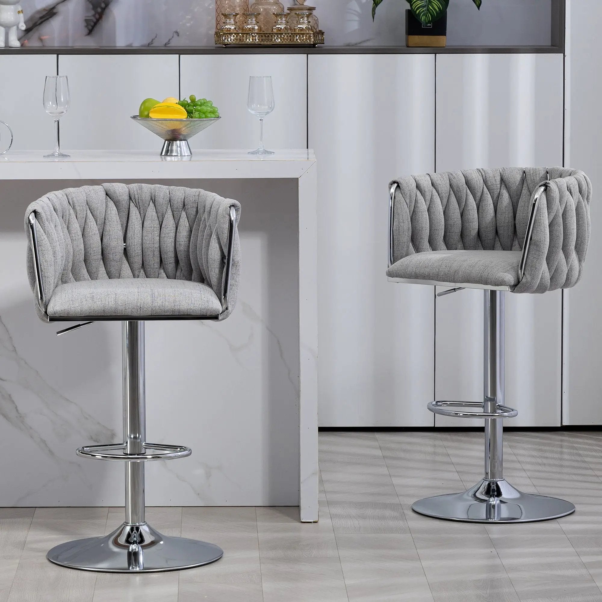 360 Degree Swivel Bar Stools Adjustable Counter Height Bar Chairs With Woven Back & Footrest, Silver Chromed Bar Stools For Kitchen Island (Set of 2) - Gray by Unique Piece Furniture