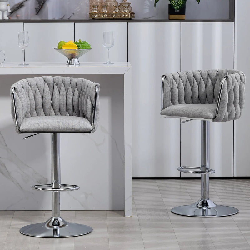 360 Degree Swivel Bar Stools Adjustable Counter Height Bar Chairs With Woven Back & Footrest, Silver Chromed Bar Stools For Kitchen Island (Set of 2) - Gray by HouseOfZazla