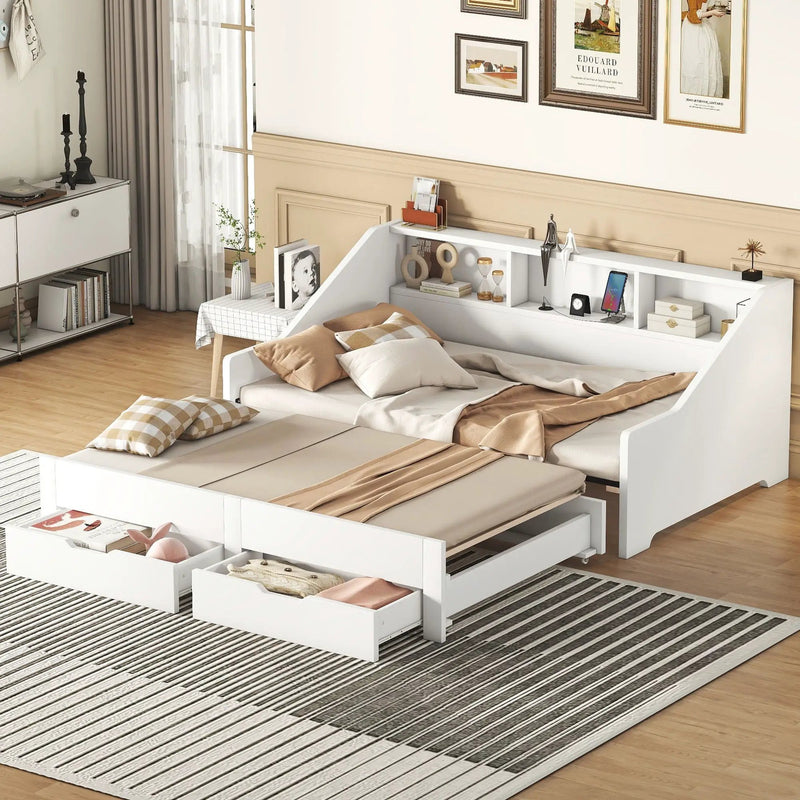 Daybed Frame With Storage Bookcases, 2 Drawers, Charging Station by Unique Piece Furniture