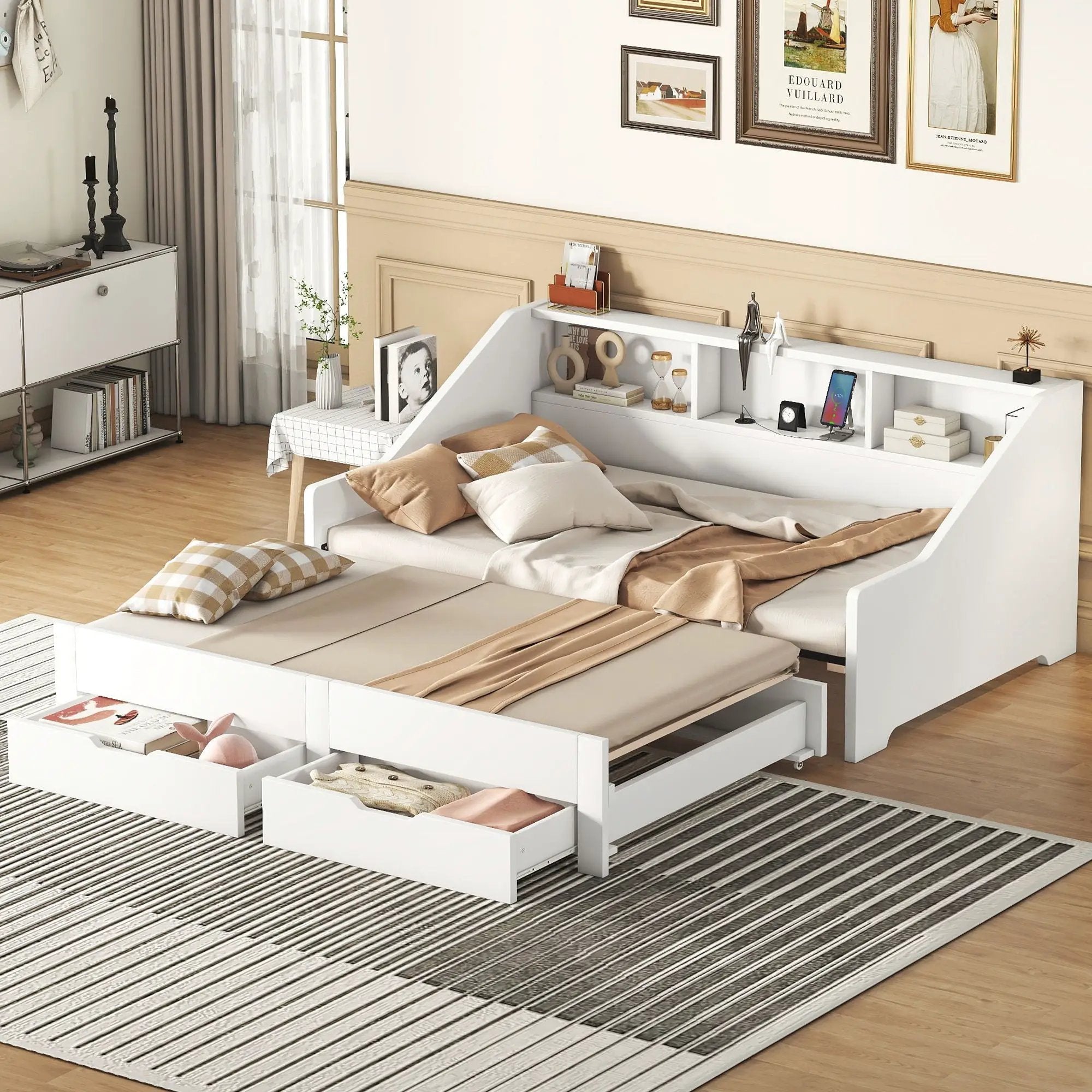 Daybed Frame With Storage Bookcases, 2 Drawers, Charging Station