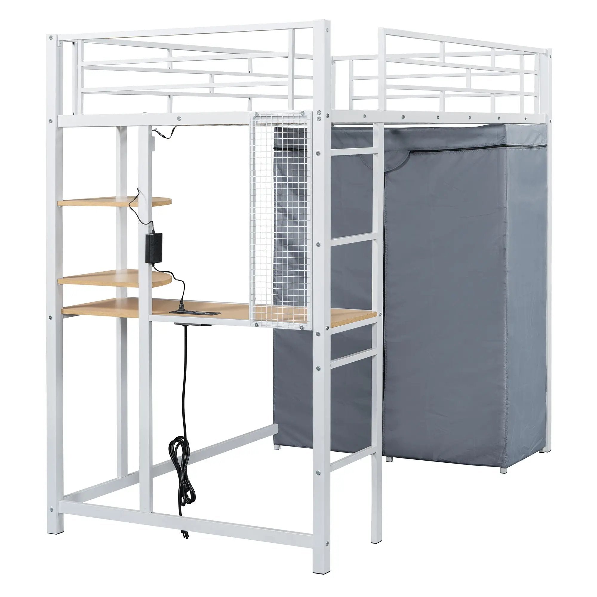 Loft Bed With Desk, Shelves, Power Outlet, LED Light And Wardrobe by HouseOfZazla