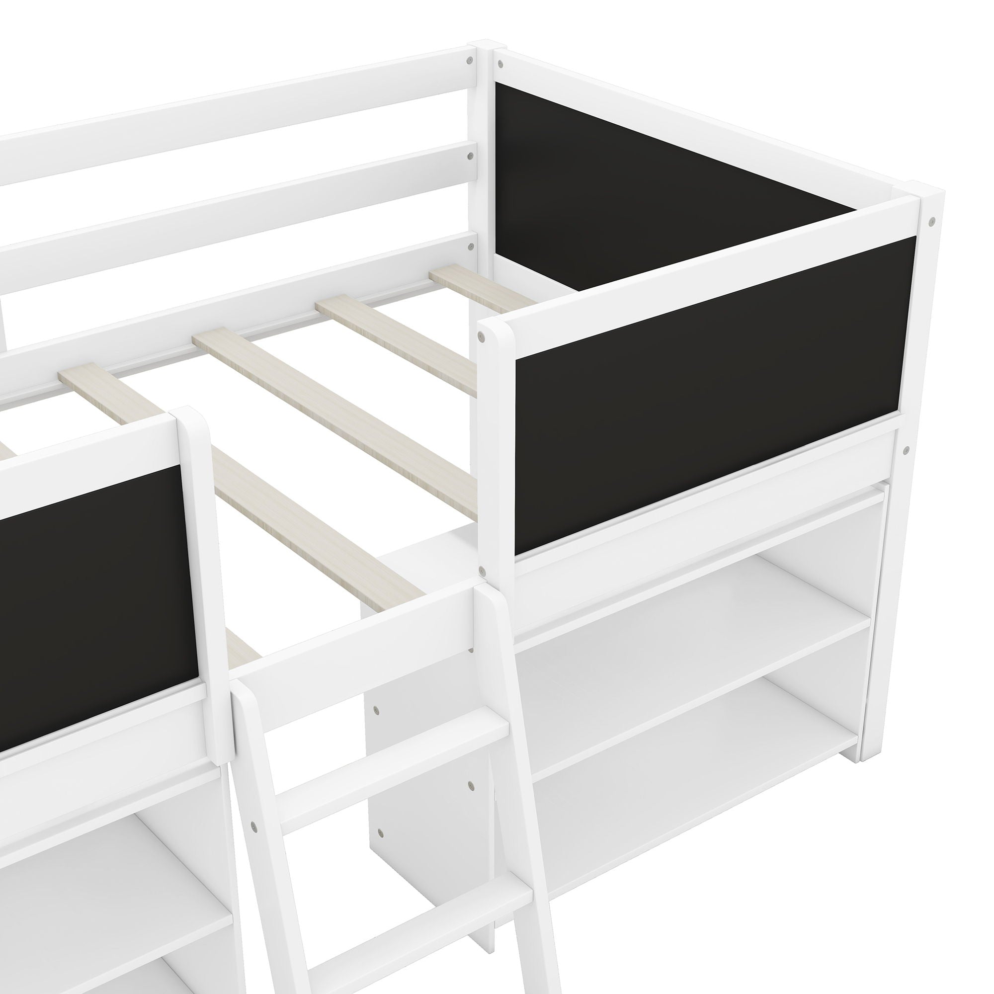 Low Loft Bed With Movable Shelves And Ladder, Decorative Chalkboard Guardrail by HouseOfZazla