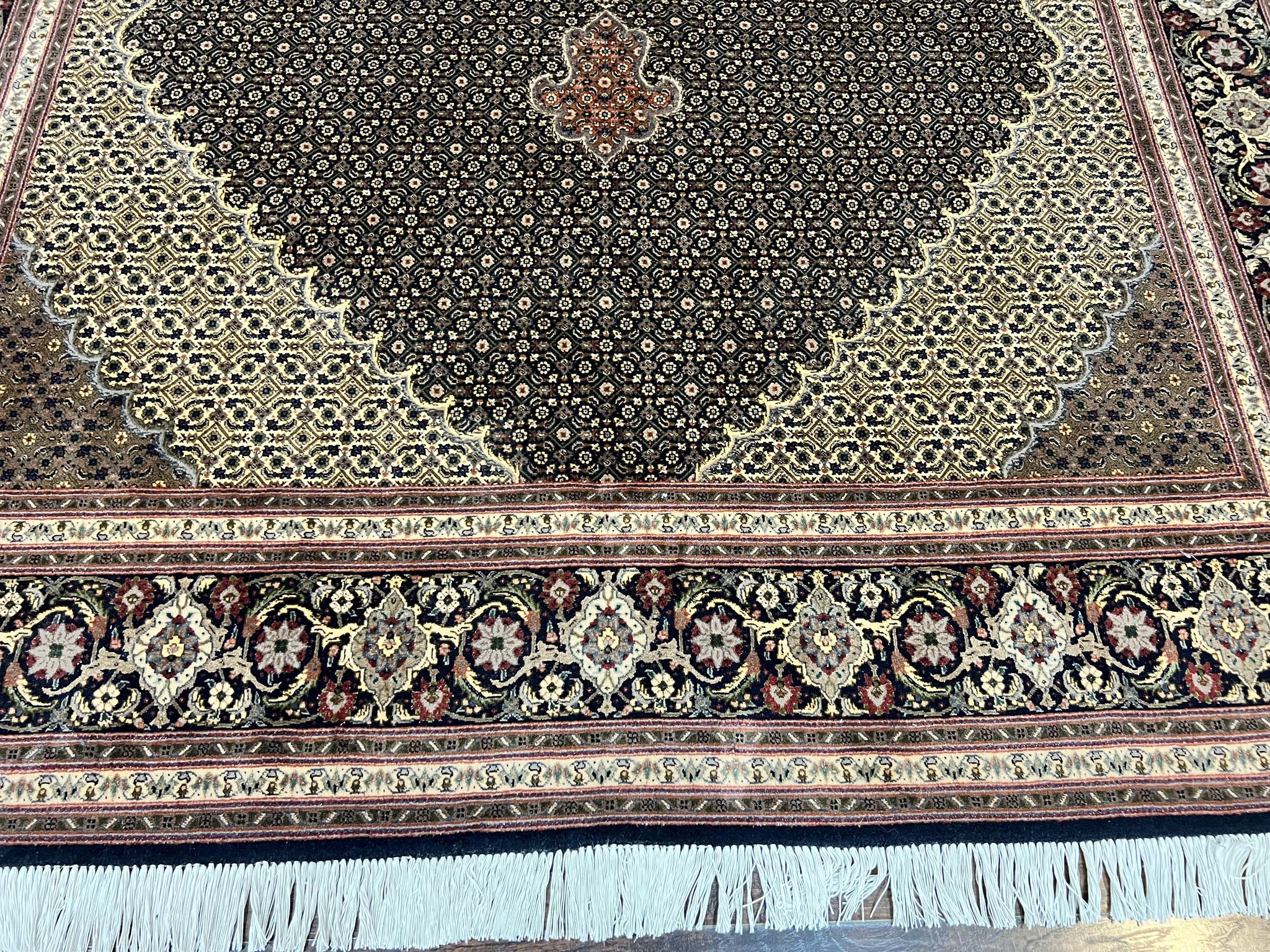 Persian Tabriz Rug 7x10, Very Fine 330 KPSI 50 Raj, Black and Beige, Handmade Wool Vintage Persian Carpet by Jewel Rugs