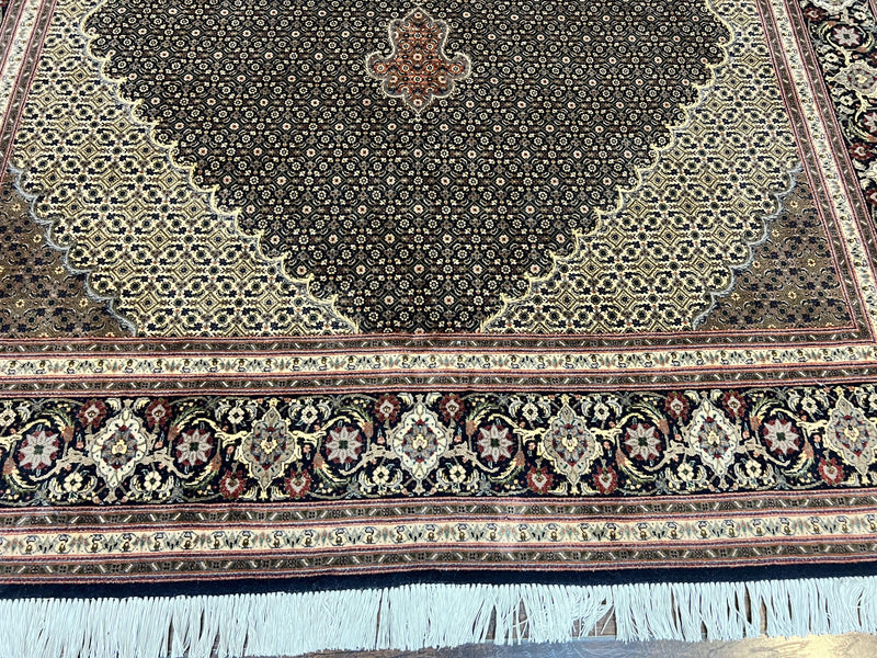 Persian Tabriz Rug 7x10, Very Fine 330 KPSI 50 Raj, Black and Beige, Handmade Wool Vintage Persian Carpet by Jewel Rugs