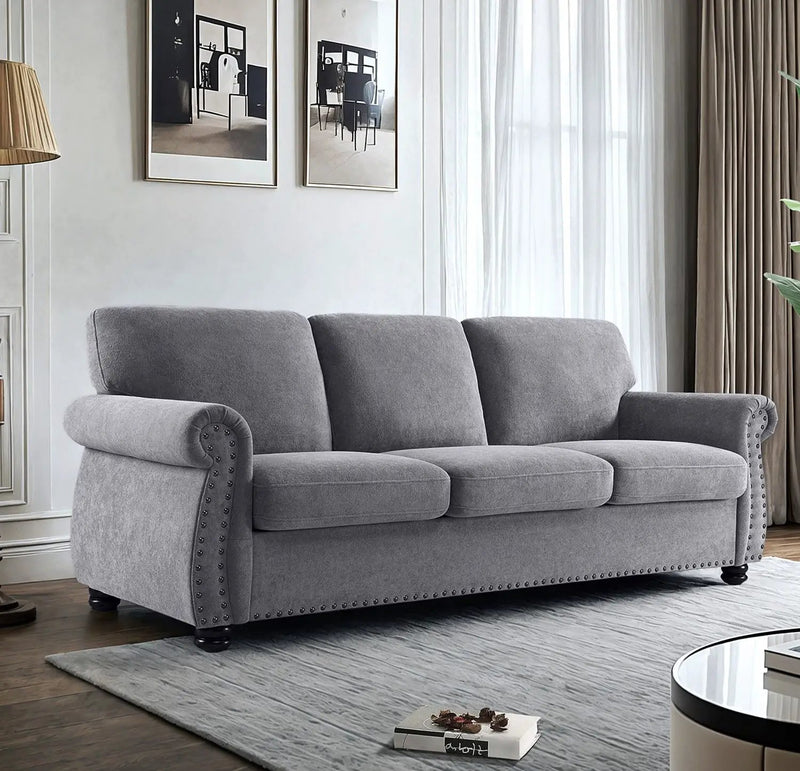 Soft Sofa, Upholstered 3 Seater Couch With High Density Foam, Loose Back Cushions And Turned Legs by HouseOfZazla