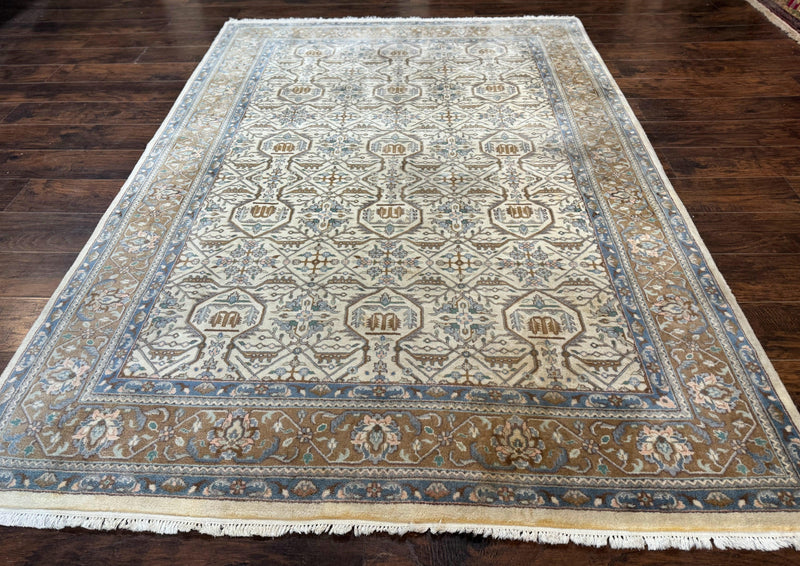 Indo Persian Rug 6x9, Beige, Allover Pattern, Vintage Wool Oriental Carpet by Jewel Rugs