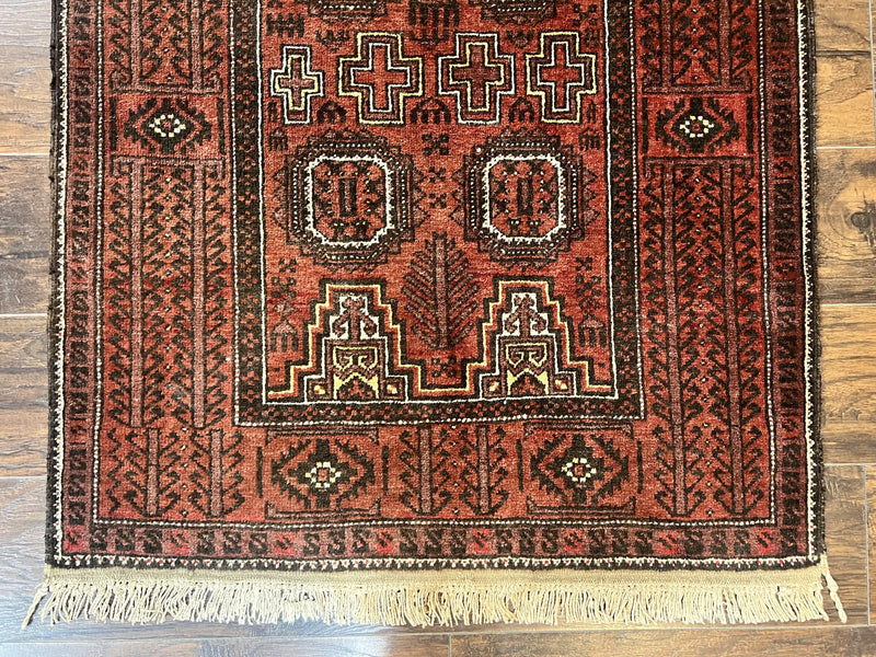 Antique Persian Turkoman Rug 3x6, Wool Tribal Handmade Carpet, Red and Black by Jewel Rugs