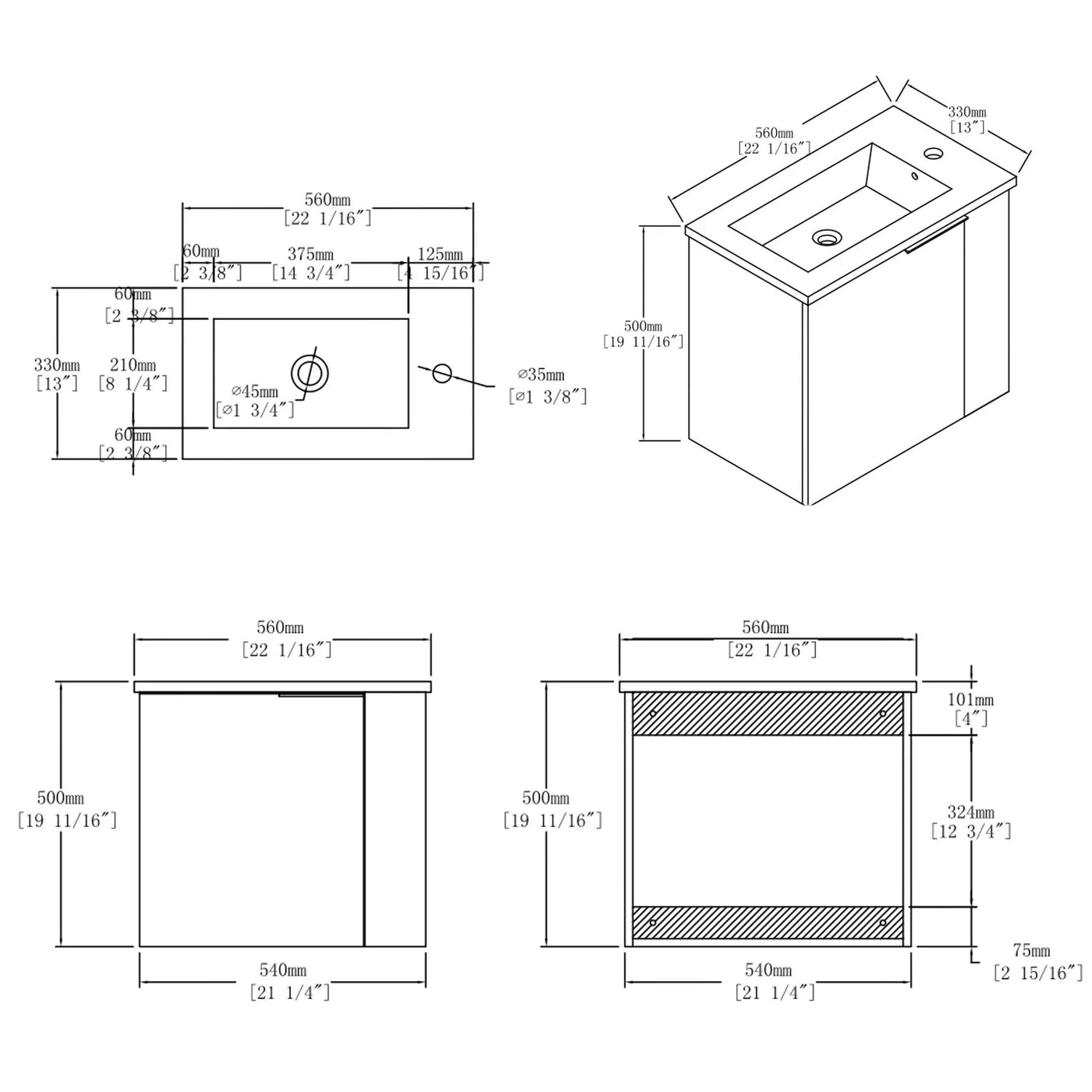 22 Inch Floating Bathroom Vanity with Sink, Soft-Close Door, Ceramic Sink, Plywood by HouseOfZazla
