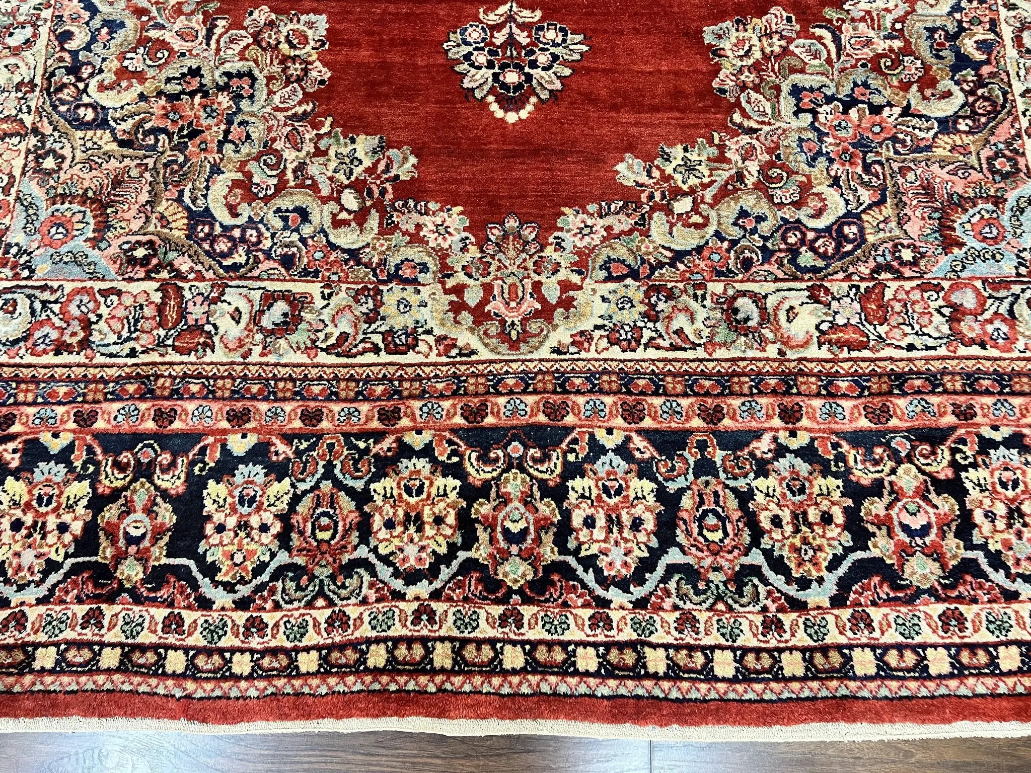 Persian Sarouk Rug 11x14, Semi Open Field, Large Antique Persian Wool Handmade Carpet, Red and Dark Blue, Floral by Jewel Rugs