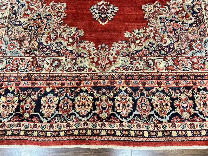 Persian Sarouk Rug 11x14, Semi Open Field, Large Antique Persian Wool Handmade Carpet, Red and Dark Blue, Floral by Jewel Rugs