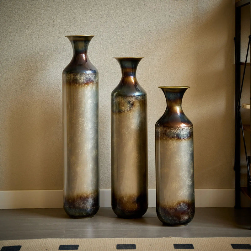 Modern Droplet Shaped Floor Vase Set, Glazed Metal Decorative Vases 3 Piece Home Accent For Living Room - Gold / White by HouseOfZazla