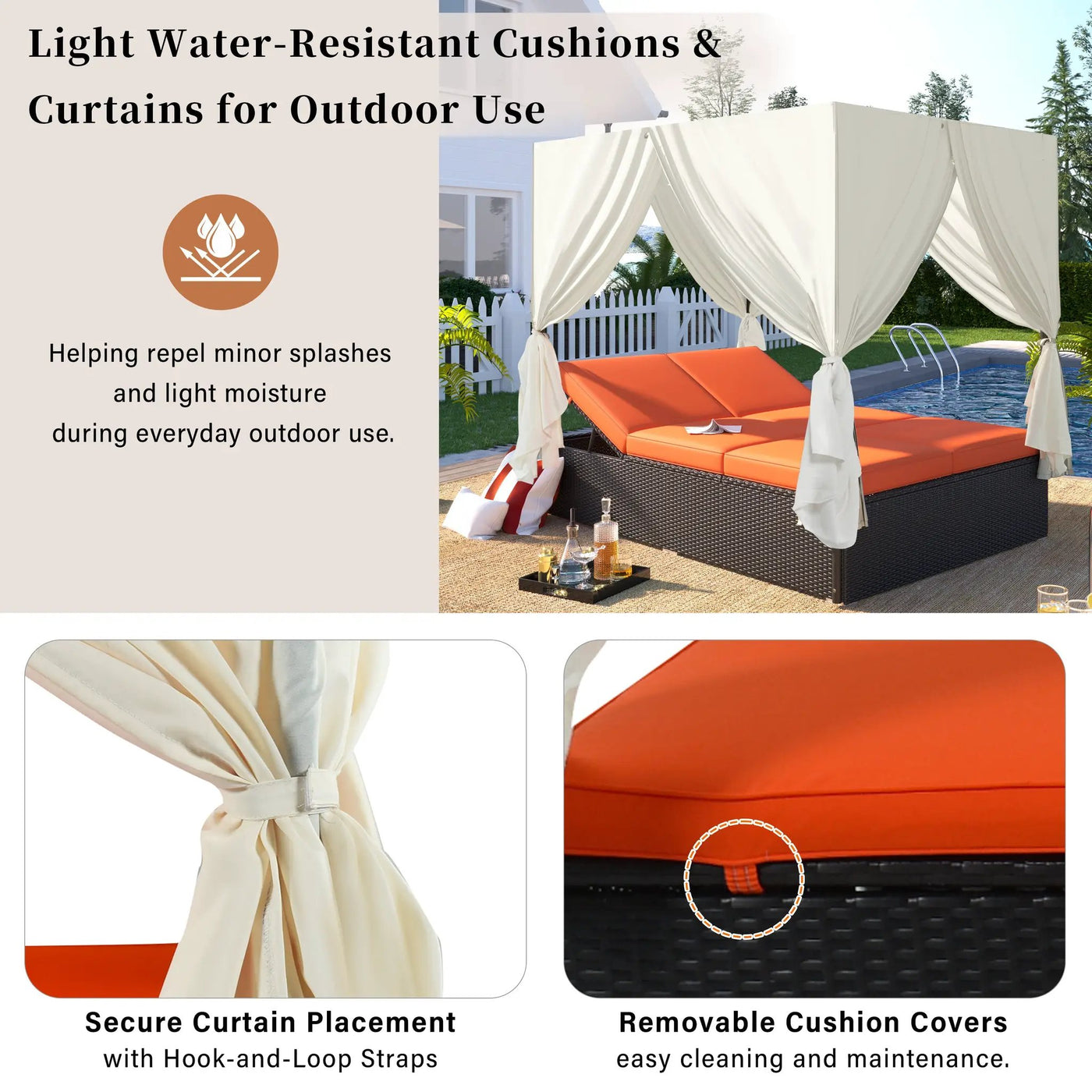 U_STYLE Outdoor Double Chaise Lounge Daybed with Curtains by HouseOfZazla