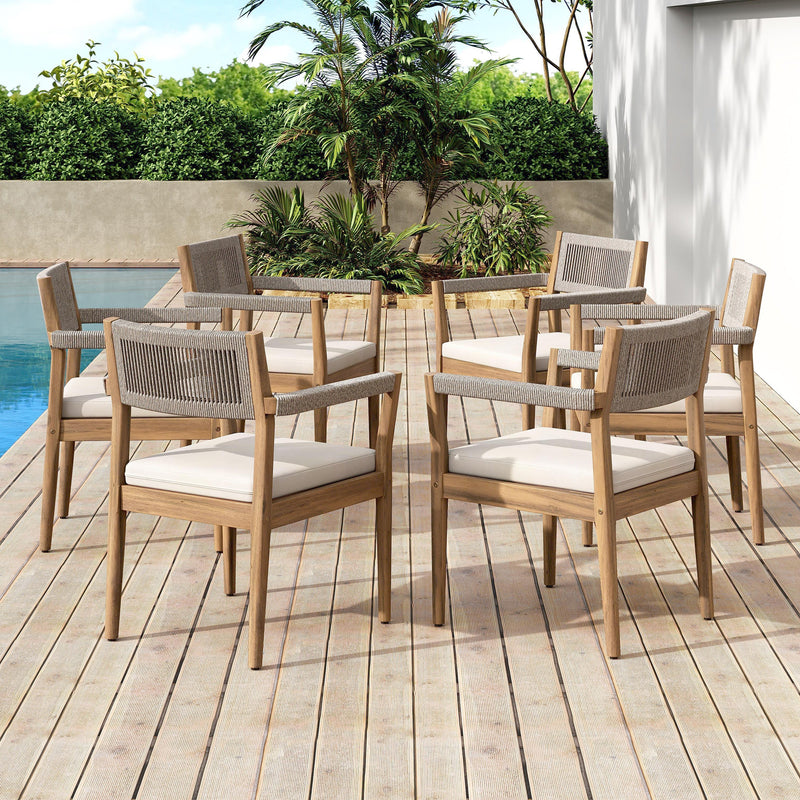 Braided Acacia Wood Outdoor Dining Chairs Set of 4 – Teak Look with Beige Rope & Cream Cushions by HouseOfZazla