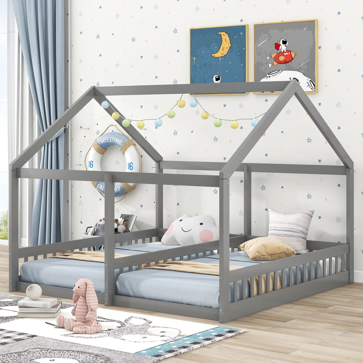 House Platform Beds with Guardrails - Metal, Twin Size, White, Dark Gray, Black, photo 20 of 29