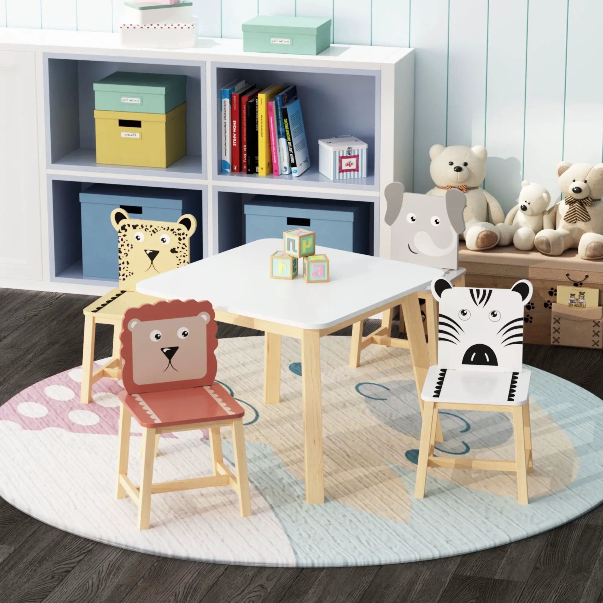Kids Table And Chair Set With Cartoon Animals Design - White by HouseOfZazla