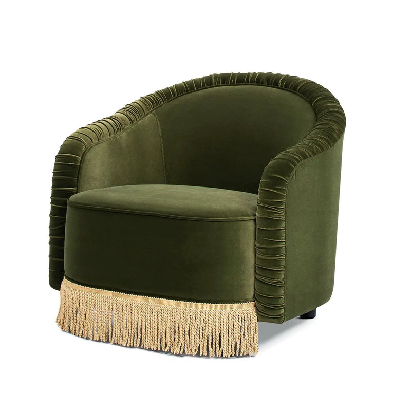 Serena 31.5" Ruched Barrel Back Accent Arm Chair with Bullion Fringe, Olive by HouseOfZazla