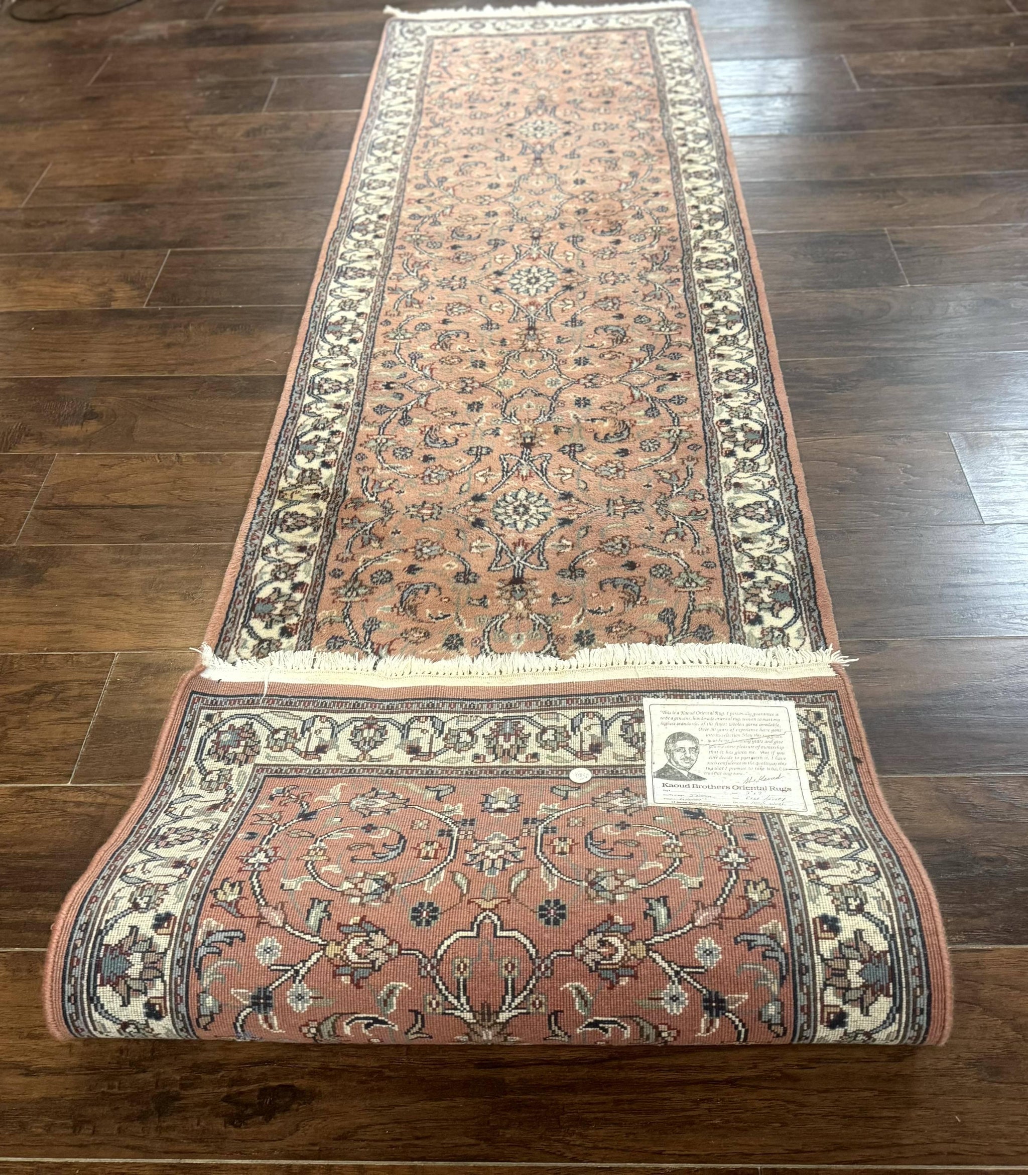Indo Persian Runner Rug 2.6 x 10, Coral and Cream, Hand Knotted 10ft Wool Oriental Runner for Hallway or Kitchen by Jewel Rugs