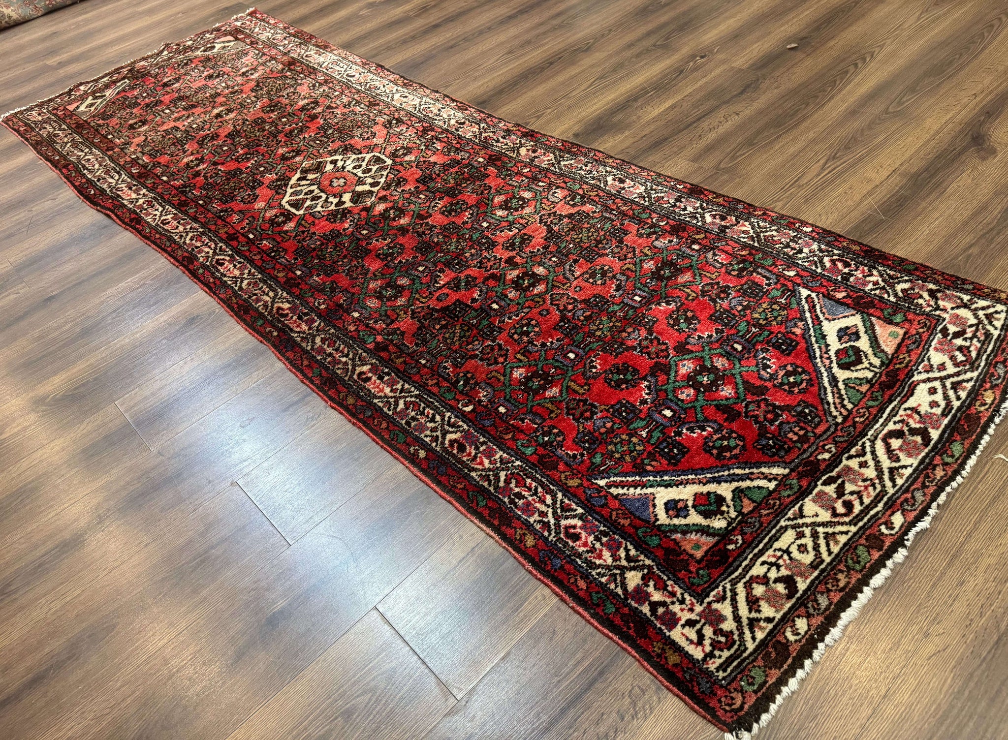 Persian Runner Rug 3x10, Wool Hand Knotted Hallway Rug 3 x 10 ft, Red and Ivory, Hamadan Angelas Runner by Jewel Rugs
