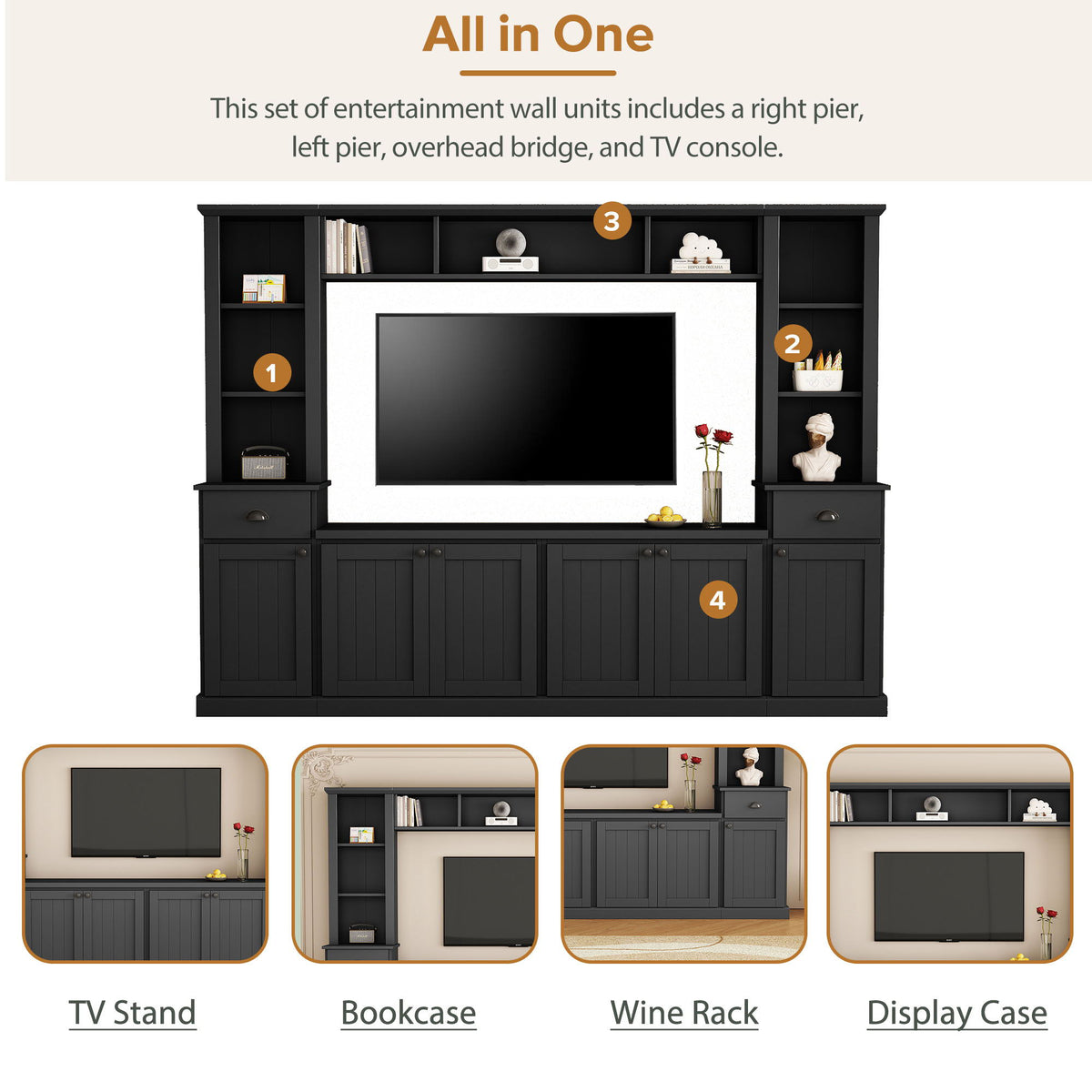 Minimalist Entertainment Wall Unit Set with Adjustable Bridge for TVs Up to 75" - White or Black, photo 22 of 33