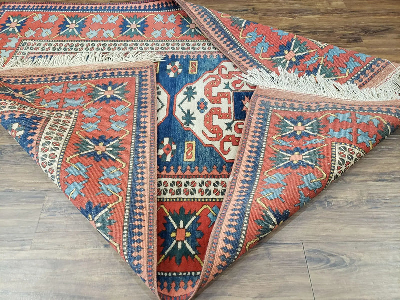 Turkish Kazak Rug 5x6 Vintage Handmade Wool Carpet Geometric Blue Red by Jewel Rugs
