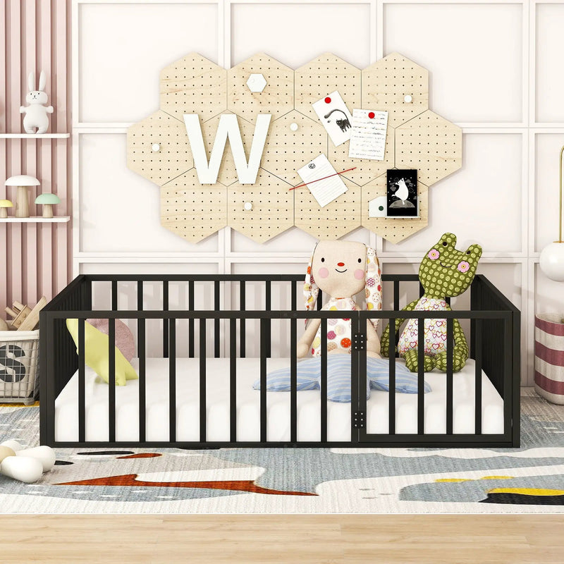 Metal Floor Bed Frame With Fence And Door by HouseOfZazla