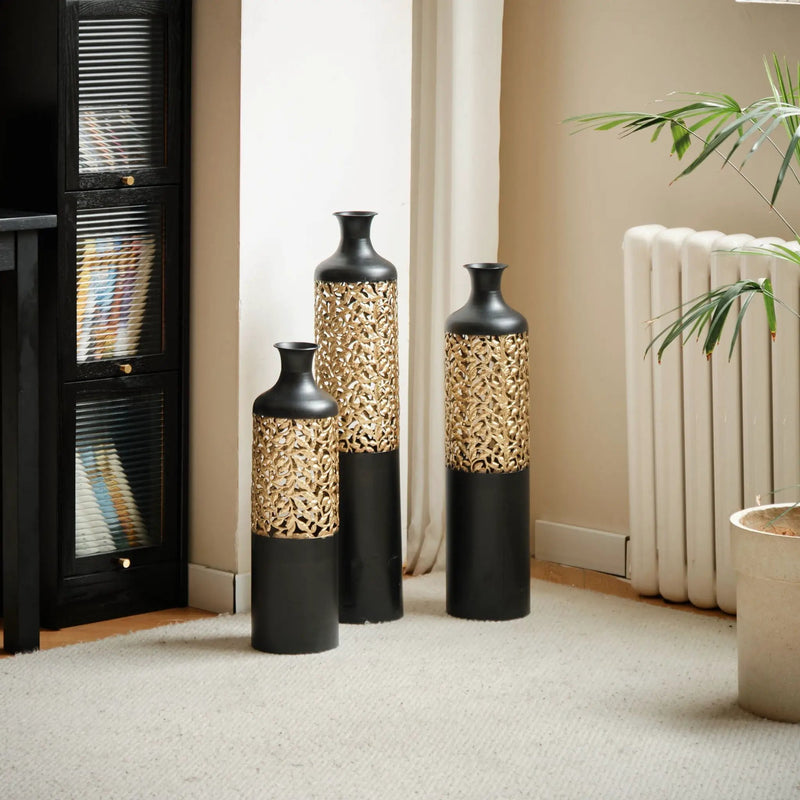 Floor Metal Vases Decorated Metal Vases (Set of 3) Gorgeous Home Decoration Large Glazed Metal Vases - Black / Gold by HouseOfZazla