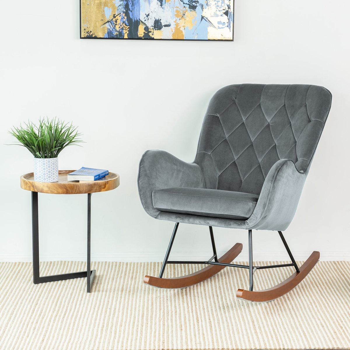 Mid Century Modern Rocking Chair with Velvet Upholstery - Dark Grey, photo 8 of 10