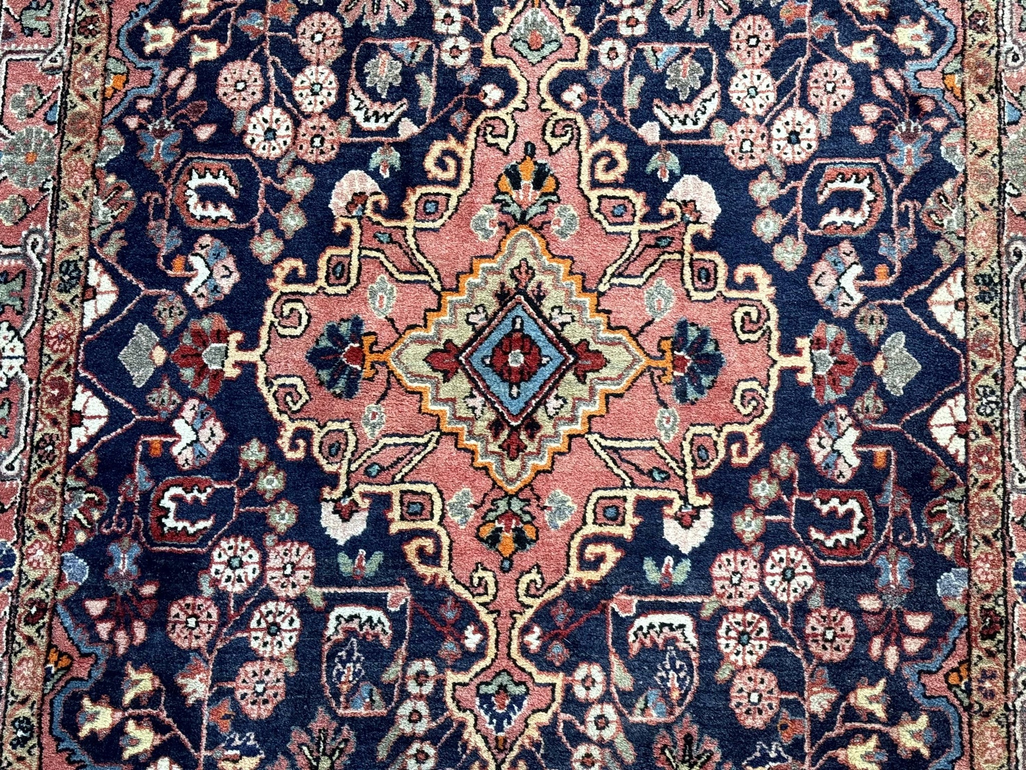 Persian Rug 3x5, Jozan Sarouk Rug, Navy Blue and Coral, Medallion Rug, Semi Antique by Jewel Rugs