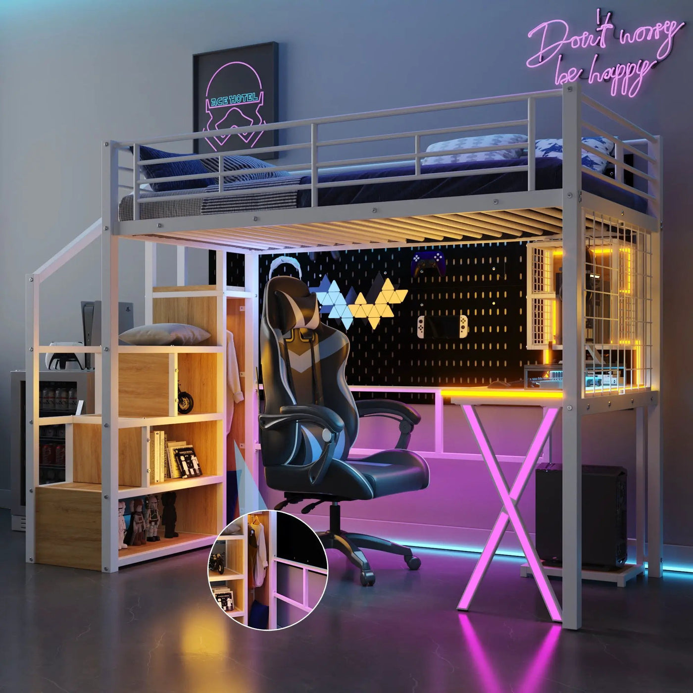 Loft Bed With Built In Work Station, Wardrobe, Storage Staircase And LED by HouseOfZazla