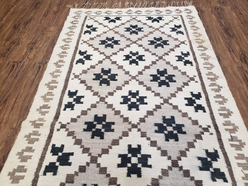 Semi Antique South American Blanket 4x8, Wool Hand-Woven Flatweave Kilim Rug, Handmade Antique Vintage Runner, Ivory & Blue, Diamond Panel by Jewel Rugs