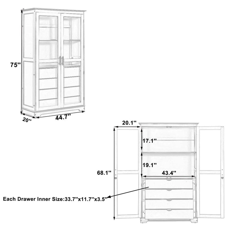 Kitchen Pantry, Freestanding Kitchen Storage Cabinet Display Cabinet With Glass Doors And 4 Built In Drawers For Living Room, Home Office - Blue by HouseOfZazla