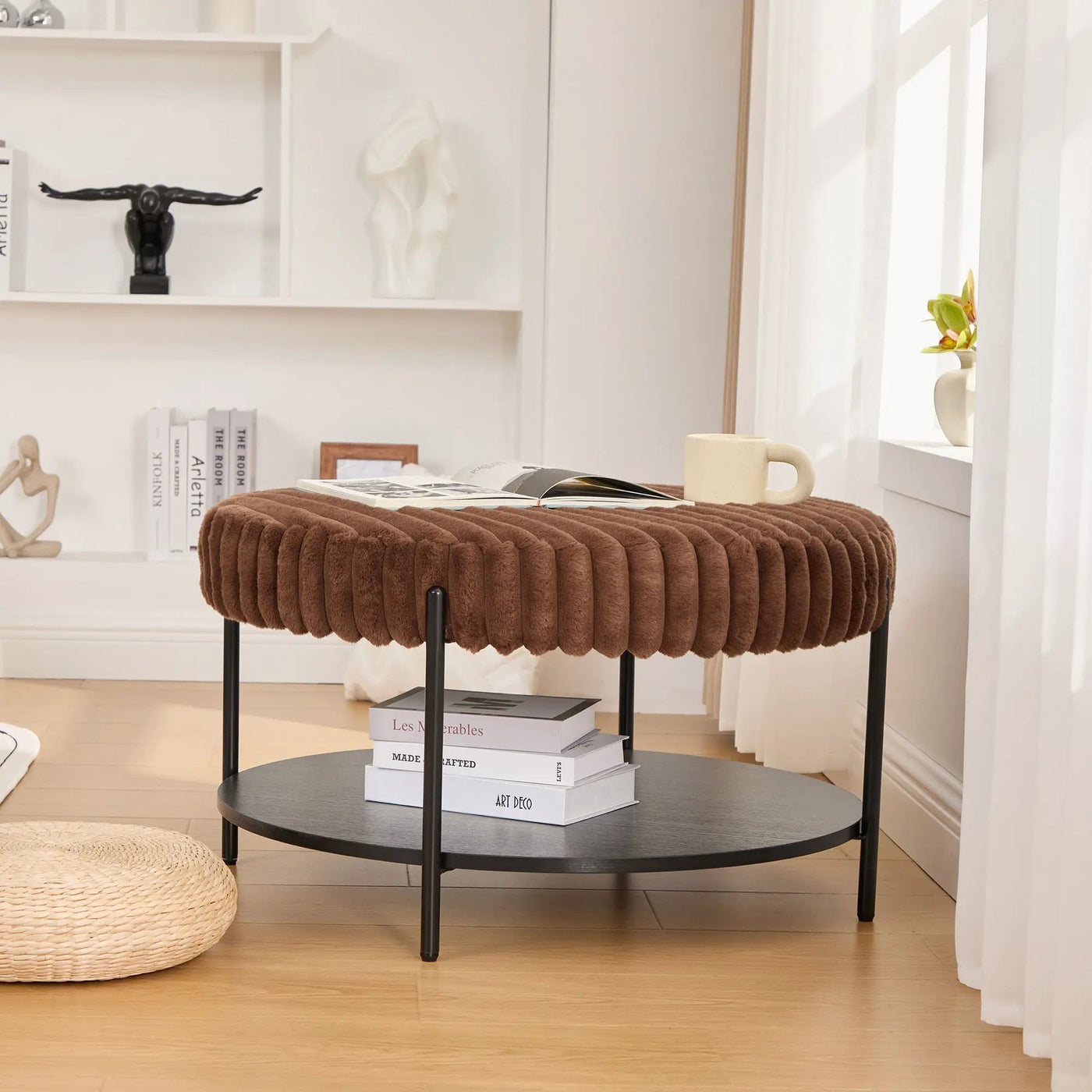 Modern Upholstered Round Ottoman Coffee Table With Storage Shelf by Unique Piece Furniture