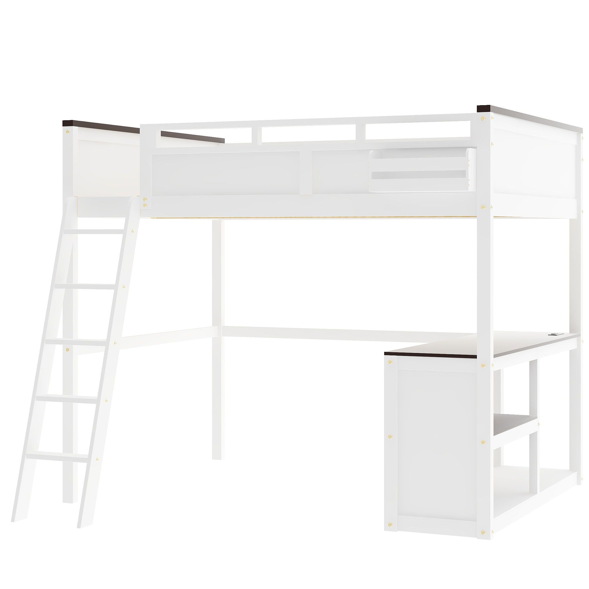 Queen Size Loft Bed With Desk, Open Shelf, Storage Box And USB Charging Station - White by HouseOfZazla