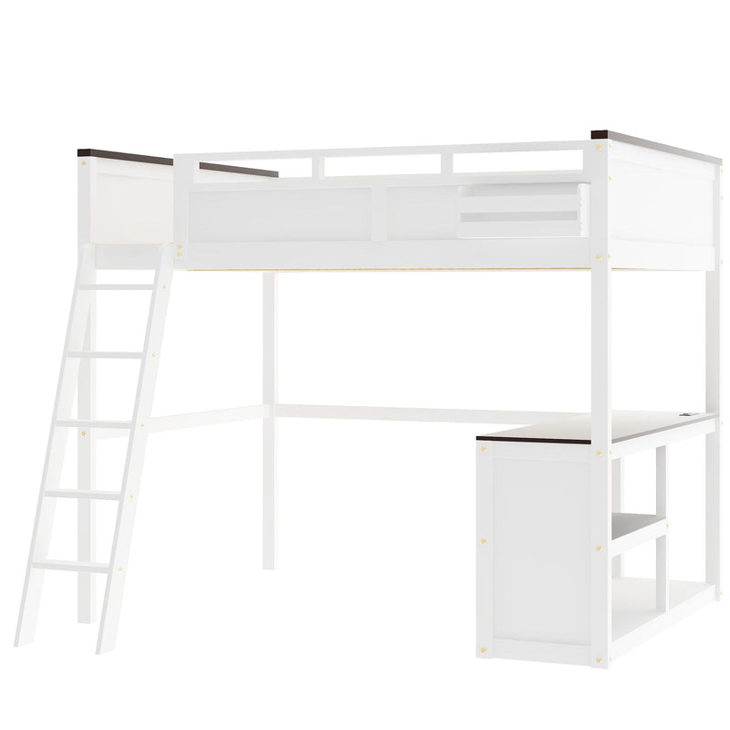 Queen Size Loft Bed With Desk, Open Shelf, Storage Box And USB Charging Station - White by HouseOfZazla